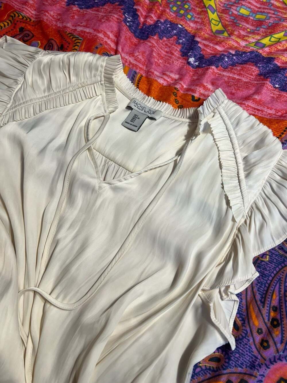 Rachel Zoe Cream Satin Ruffle Sleeve V-Neck Blouse with Tie